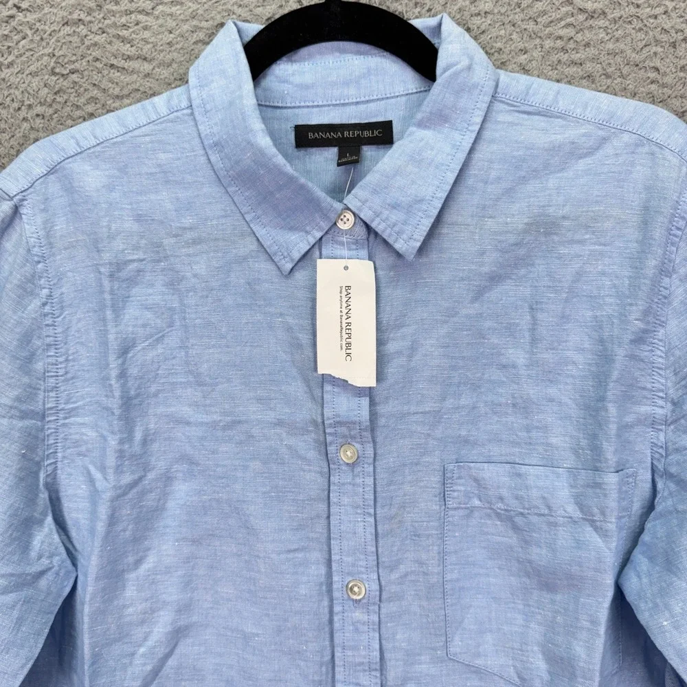 Banana Republic Shirt Mens L Blue Linen Blend Preppy Office Business Beach Light